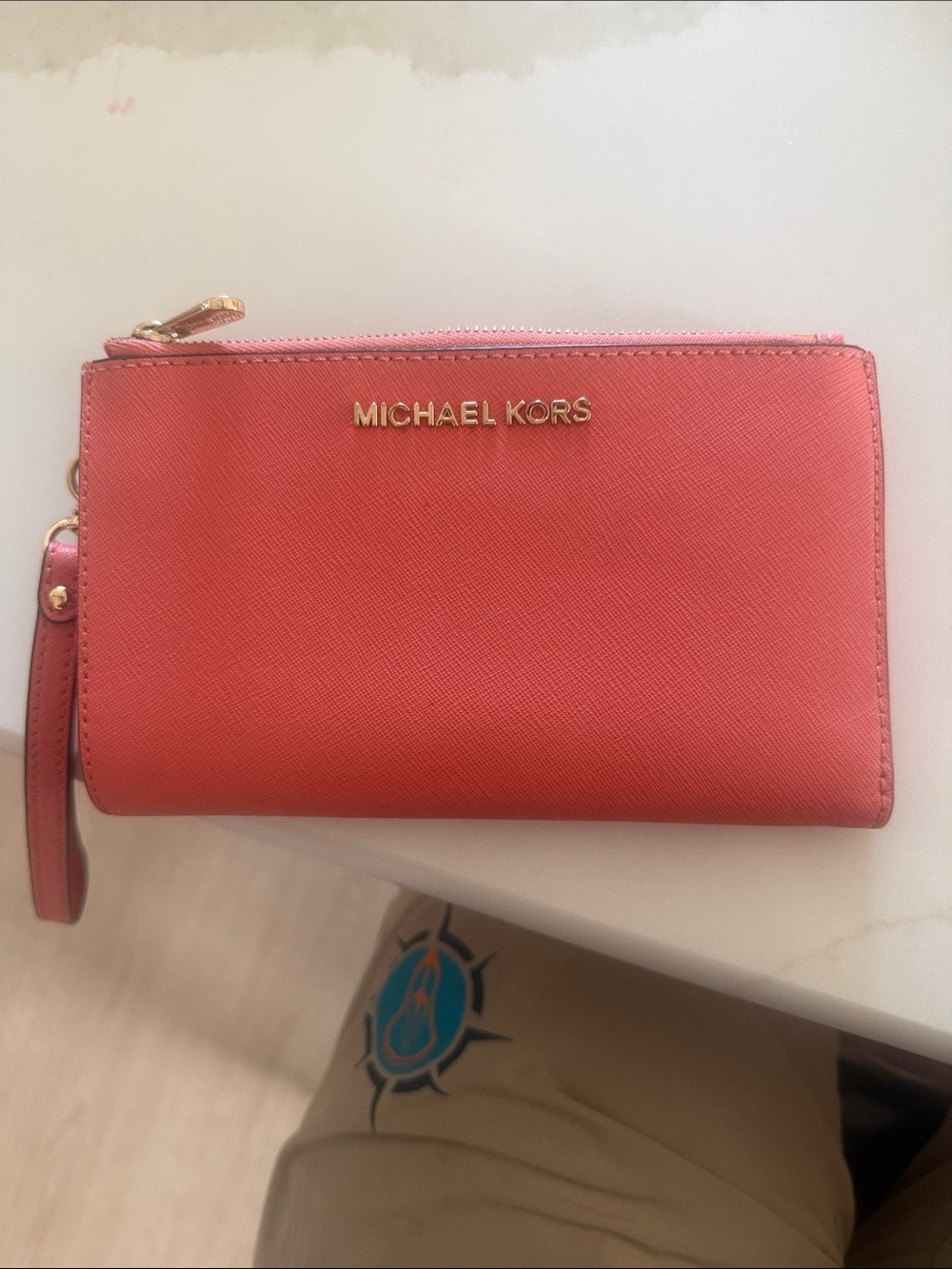 Michael Kors Coral Zip-Around Wristlet Wallet with Gold Logo